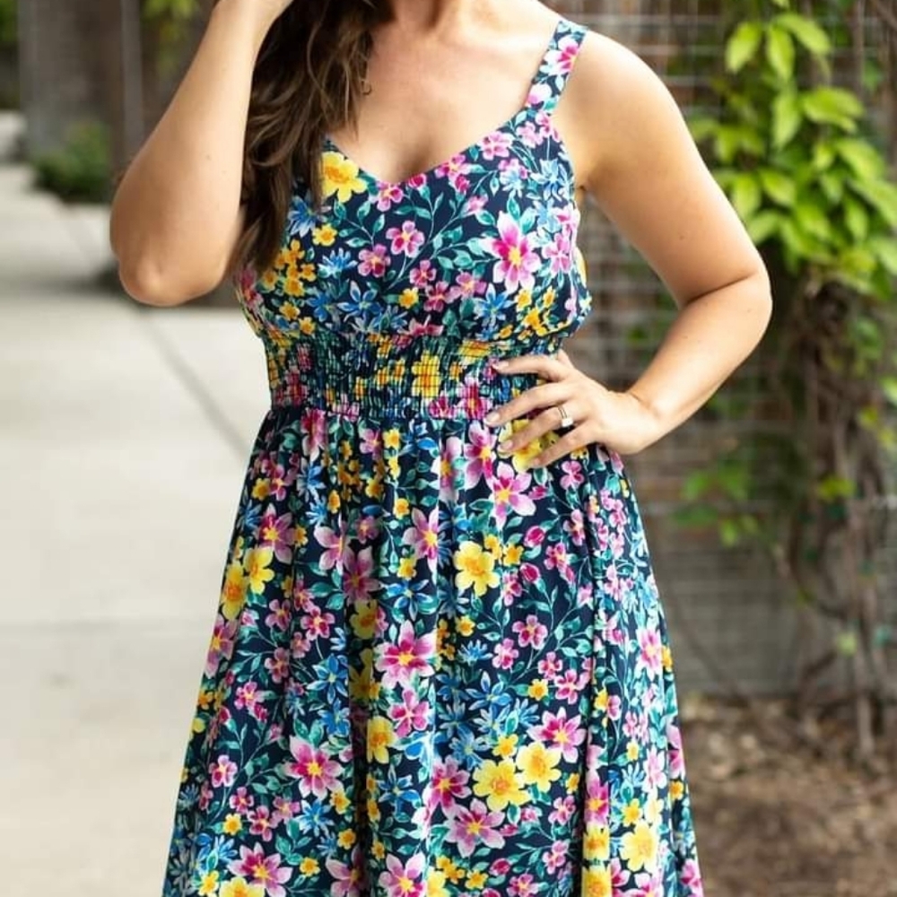 Cassidy Midi Dress - Navy and Yellow Floral